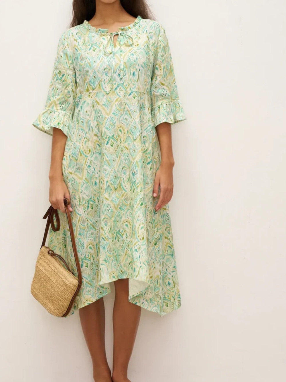 Lintico Livia 100% Linen Midi Dress Ruffled Collar Tie Neck